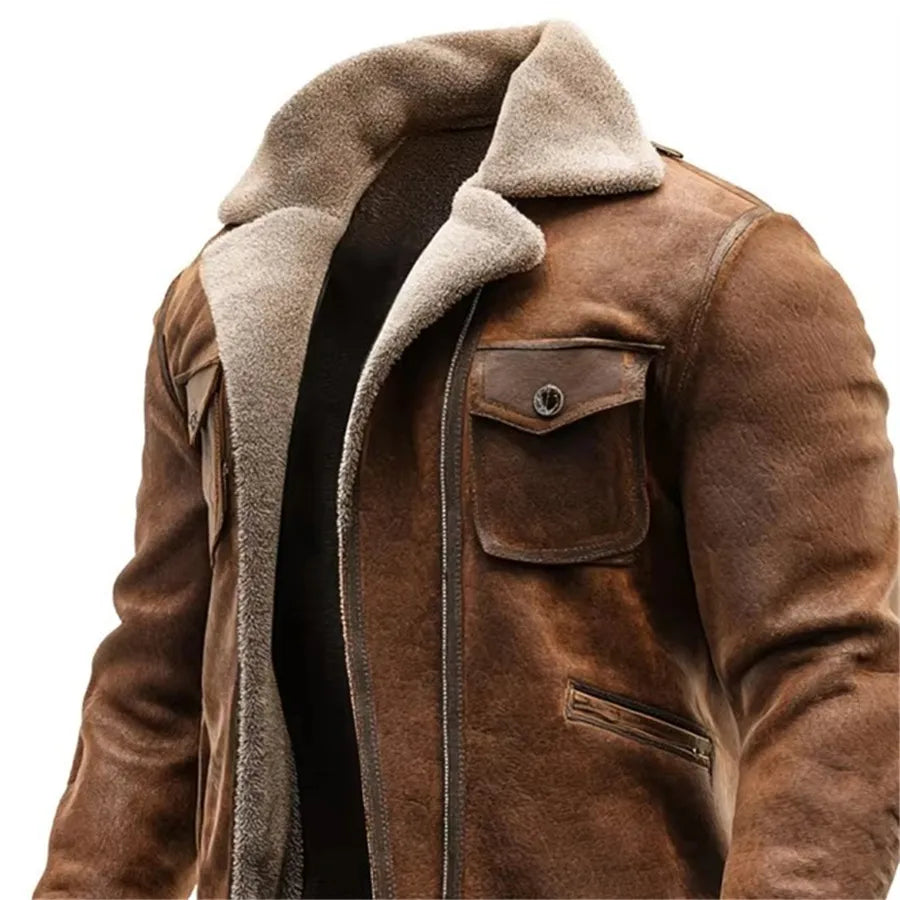 2026 Men's PU Leather Patchwork Zipper Jacket Autumn Winter Fleece Warm Outdoor Coat Casual Cowboy Outerwear Brown Streetwear