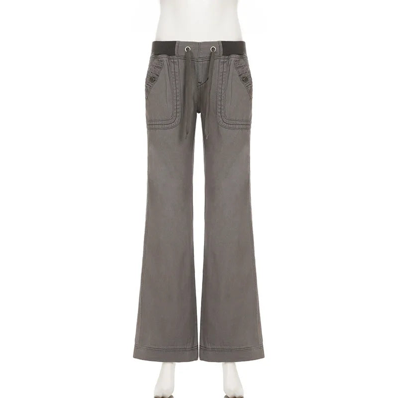 Distressed Cargo Jeans Women Streetwear Low Rise Grunge Pants Pocket Denim Y2k Clothes Pantalones De Mujer Roupas Femininas