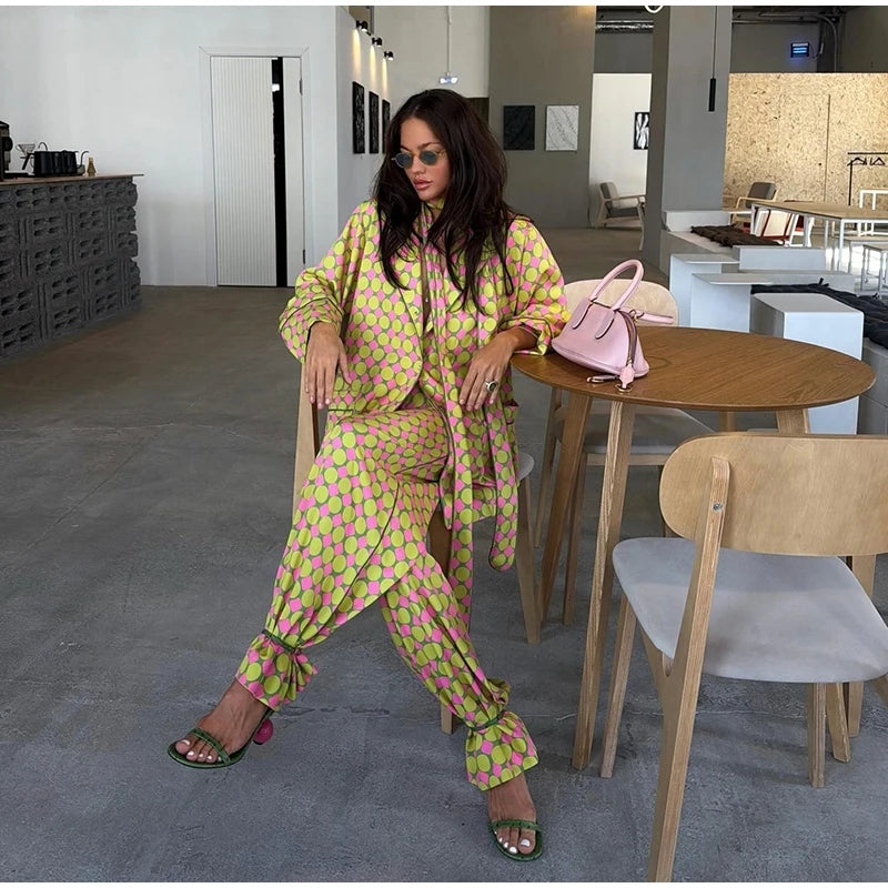 Vacation Geometric Printed Loose Pants Set Women Lapel Full Sleeve Pocket Shirts Wide Leg Pant Suits 2026 Autumn Street Outfit