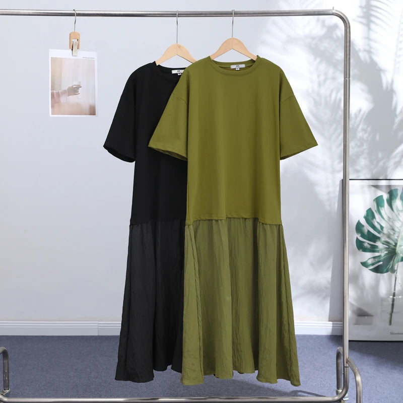 Fashion Solid Women Patchwork Dress Short Sleeve Round Neck Loose Female Dress Casual Office Streetwear Commute Summer 2026
