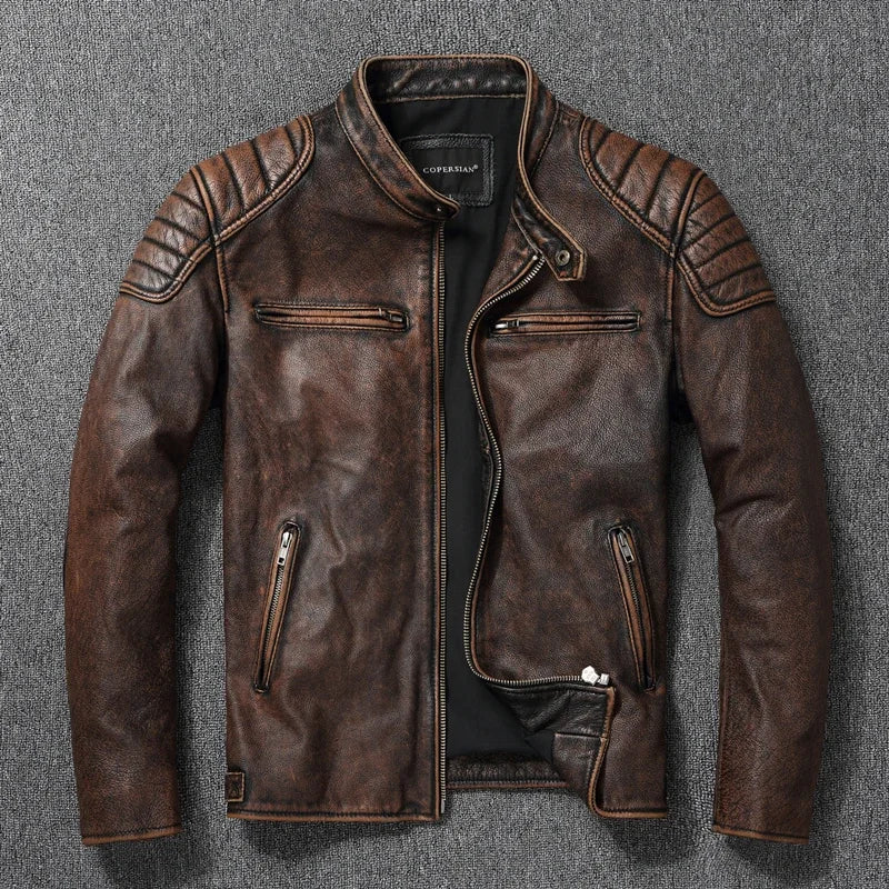 2025 New Leather Jacket Top Layer 100% Cowhide Leather Clothes Men's Stand Collar Motorcycle Clothes  Autumn Winter Plus Size