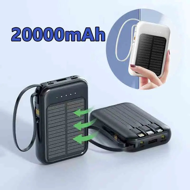 20000mah Solar Power Bank  Built-in Cable Portable Charger External Spare Battery with LED Light External Charger for IPhone Hua