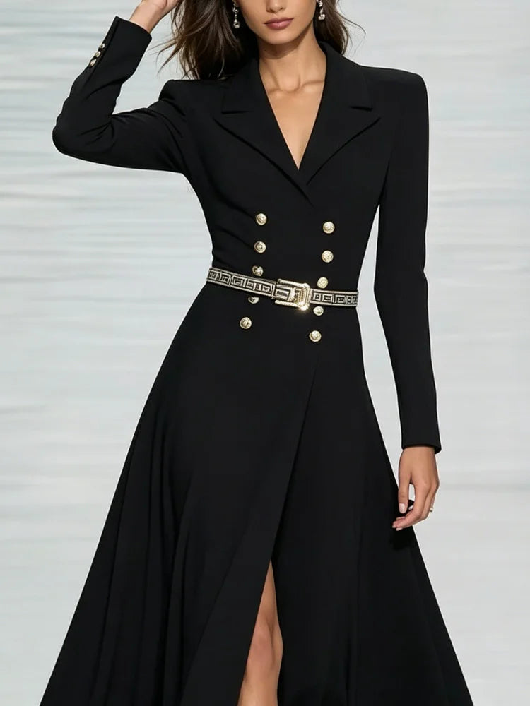 Modigirl 2025 Fall Spring Women’s Simple Black Maxi Dresses V-neck Formal Office Urban Winter Buttoned Dresses for Woman