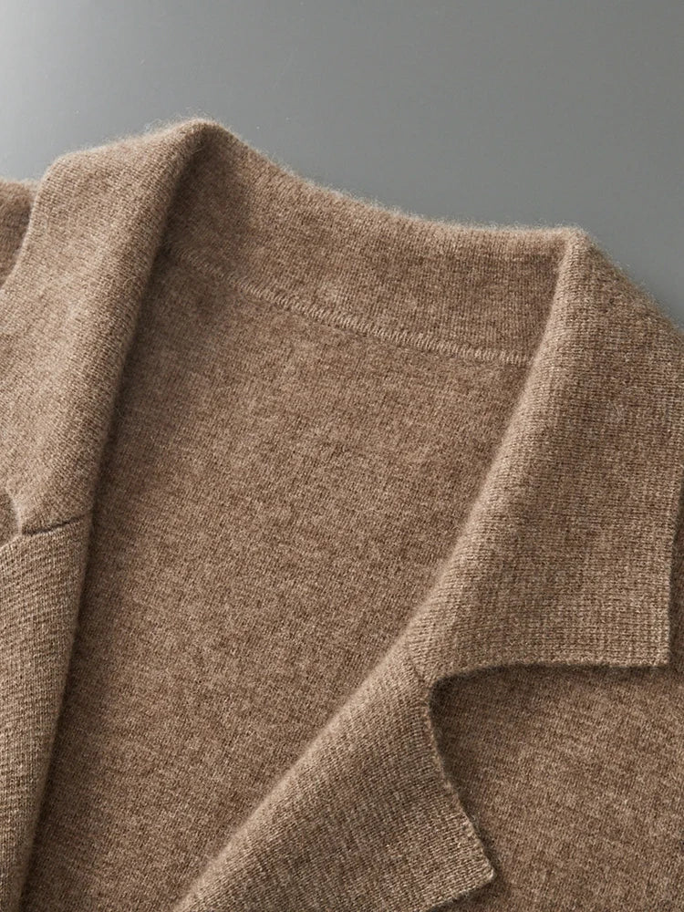 100% Merino Wool Sweater Men's Suit Collar Cardigan Smart Casual Knitwear Autumn Winter Cashmere Solid Coat Pockets Clothing Top