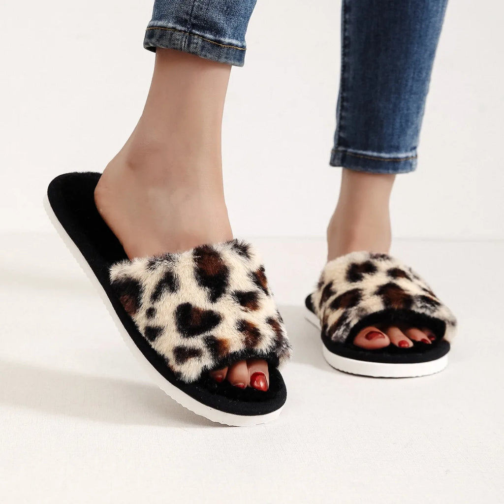 Women Leopard Print Fuzzy Slippers Open Toe Plush Home Slides Soft  Non Slip Warm Indoor House Shoes Cozy Ladies Casual Footwear