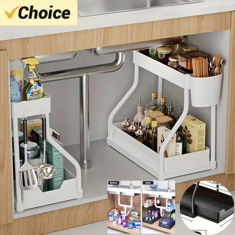 Space Saving 2 Tier Under Sink Organizer,Pull Out Storage Box Durable Large Capacity Kitchen Bathroom Essential Drawer Organizer
