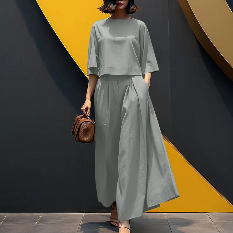 ZANZEA Women Causal 2PCS Pant Sets Loose 3/4 Sleeve Tops Wide Leg Pants 2-Pieces Outfits Solid Color Fashion Commute Tracksuits