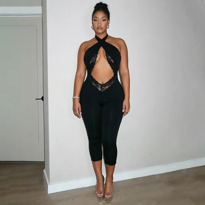 Sexy spicy girl style solid color hollow neck strap seven part jumpsuit