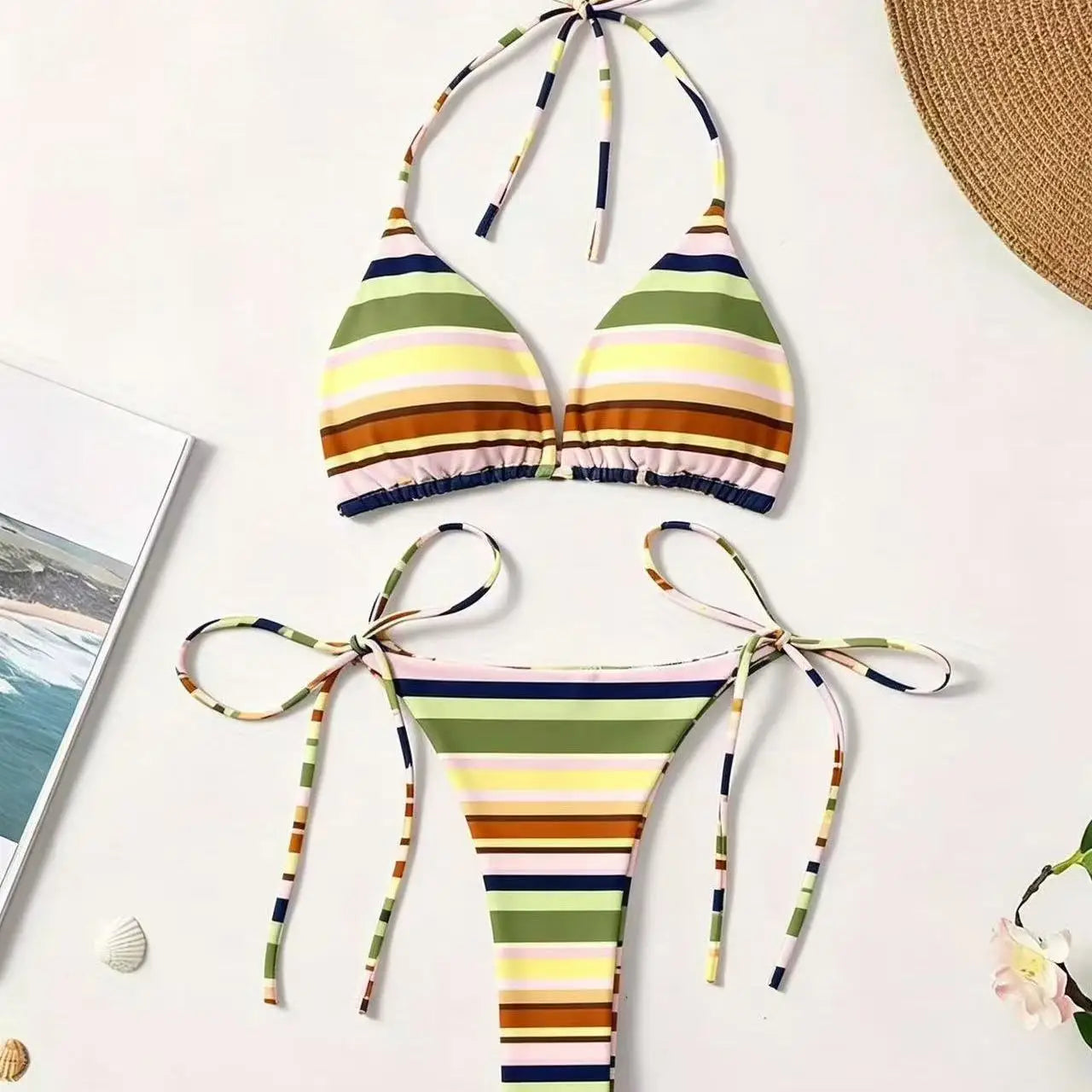 Women's Sexy Retro Striped Triangle Bikini Set 2026 New Tie Side Halter Neck Swimsuit Beach Vacation Bathing Suit