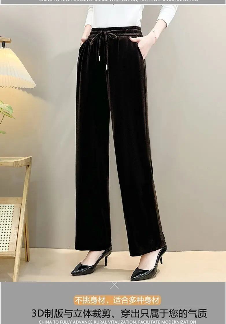 Women Drawstring High Waist Velvet Wide Leg Long Pants