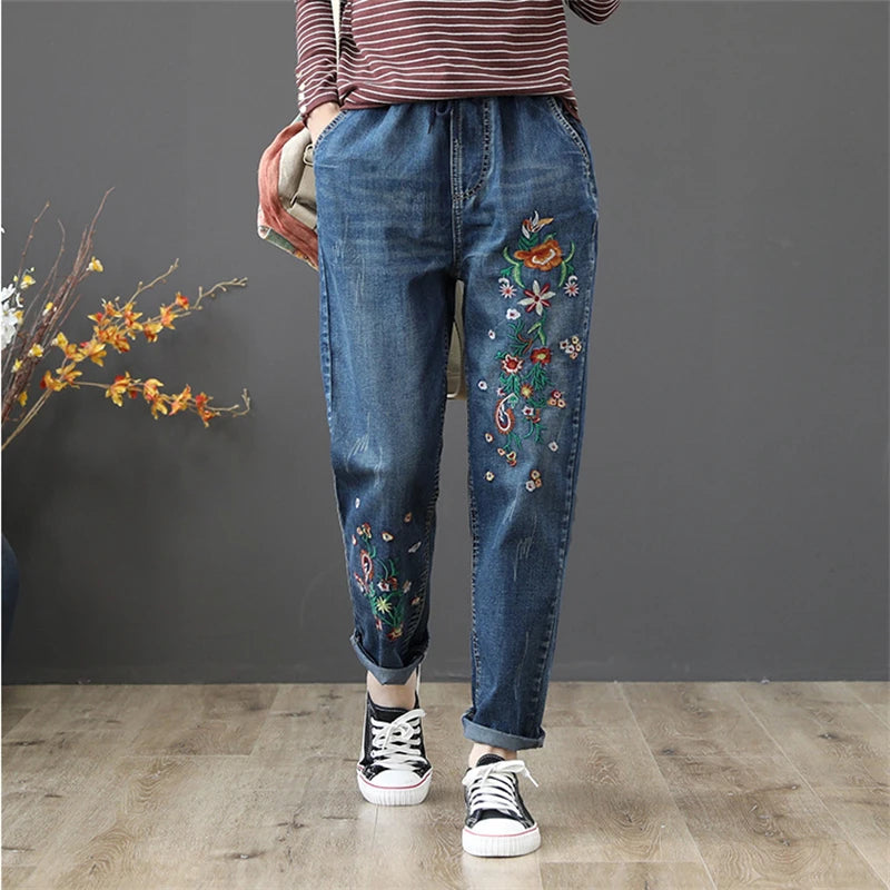 Women's Denim Pants Vintage Flower Embroidery Chinese Hand Work High Quality Casual Loose Jeans China Clothing Factory Wholesale