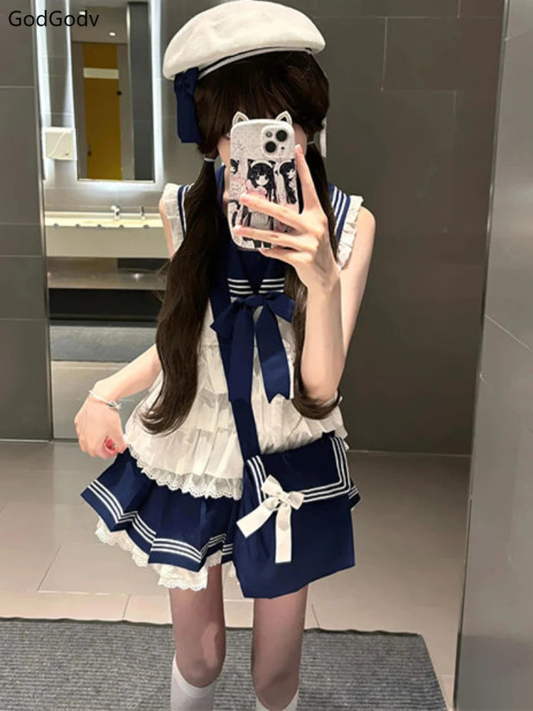 2025 Spring Preppy Style Sweet Elegant 2 Piece Sets Women Sailor Collar Y2k Design Mini Skirt Suits Female Bow Lace Chic Outfits