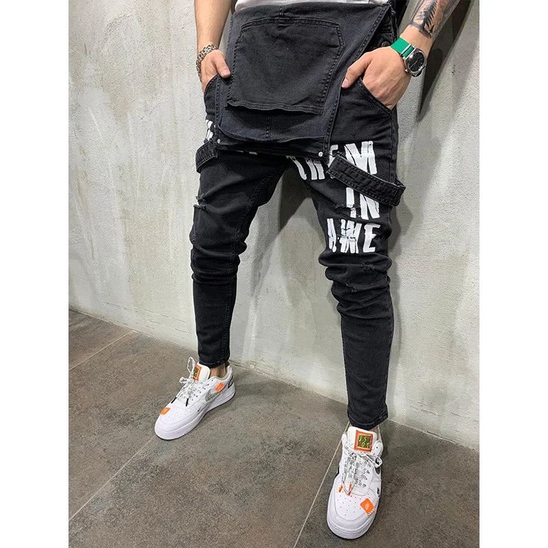 Men Suspenders Denim Jumpsuit Letters Denim Trousers Fashion Overalls Men's Ripped Denim Printed Jeans Men Streetwear