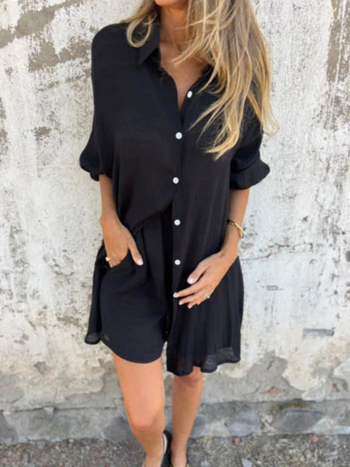 2026 Women's Casual Solid Color Cotton and Linen Shorts Long Sleeve Wrinkle Shirt Two-piece Set