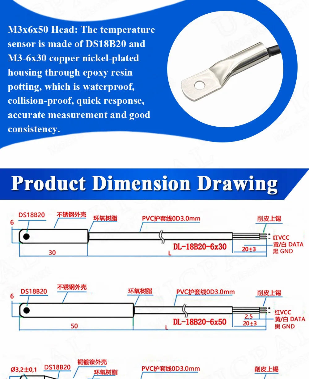 DS18B20 Temperature Sensor Waterproof Dustproof Sensors Cable 1M Length Probe 304 Stainless Steel 6*30MM OD 3.0MM