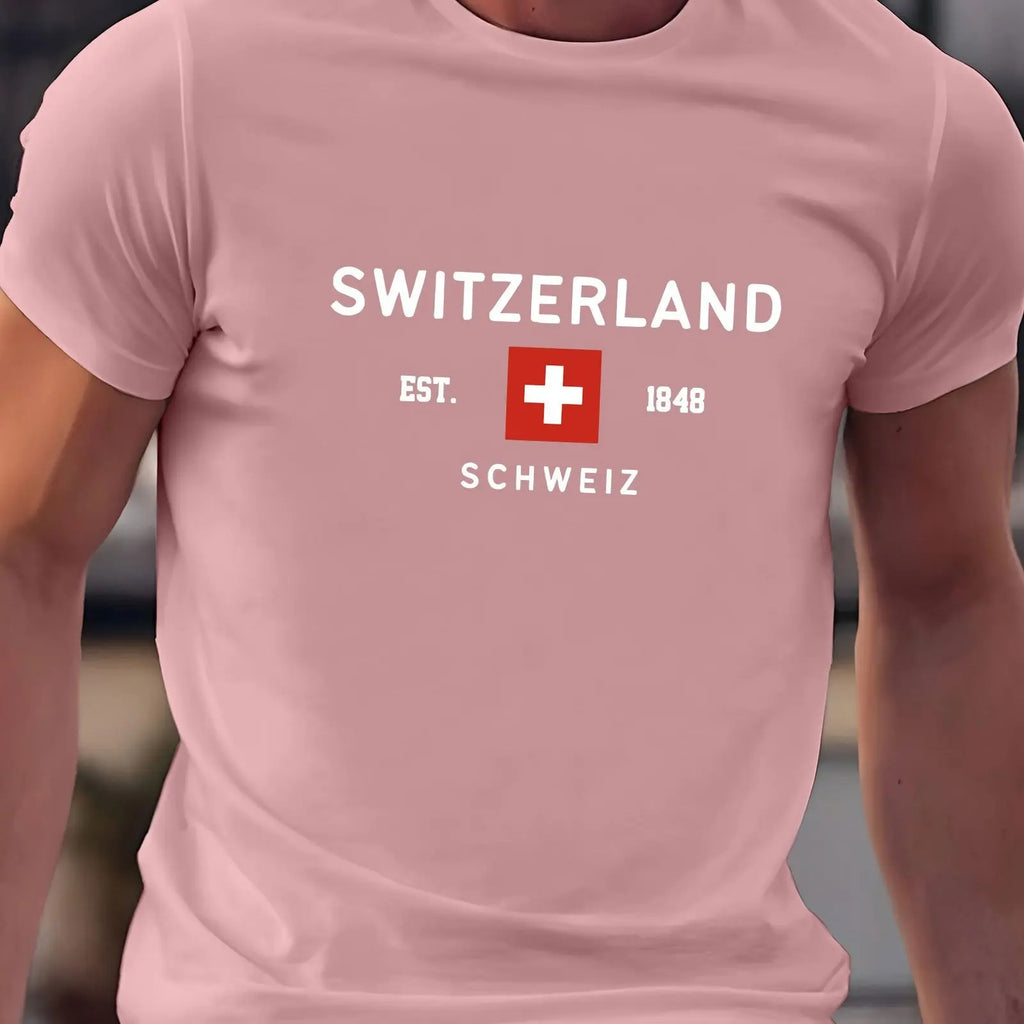 Summer men's 100% pure cotton casual loose plus size Switzerland pattern printed round neck short sleeved T-shirt top