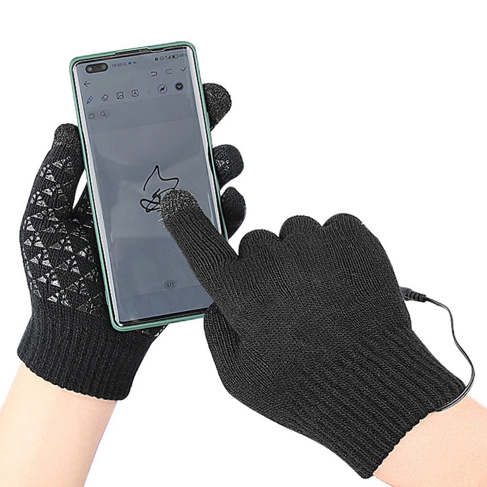 USB Heated Knitted Gloves Full Finger Gloves Non-Slip Touch Screen Gloves Thicken Winter Cycling Gloves for Men Women