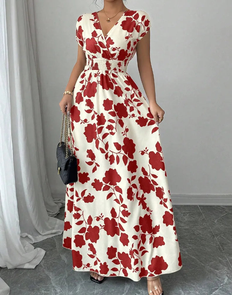 2026 Women's New Fashion Casual Daily Comfortable Elegant Lace-up Floral Print V-neck Short Sleeve Waist Women's Long Dress