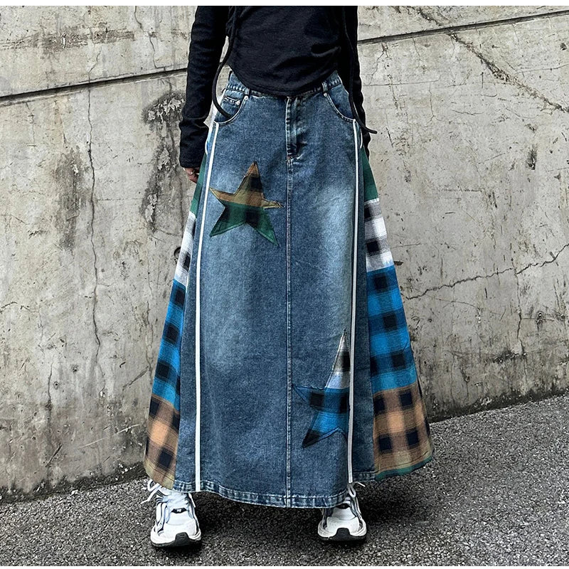 High Fashion Denim Skirt Women Elastic High Waist A-Line Long Skirt Female Colorful Patchwork Plaid Jean Skirt