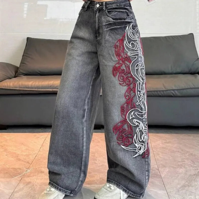 Summer Vintage Dark Grey Fade Women High Waist Wide Leg Jeans Side Red White Abstract Embroidery Euro Street Denim Casual Pants