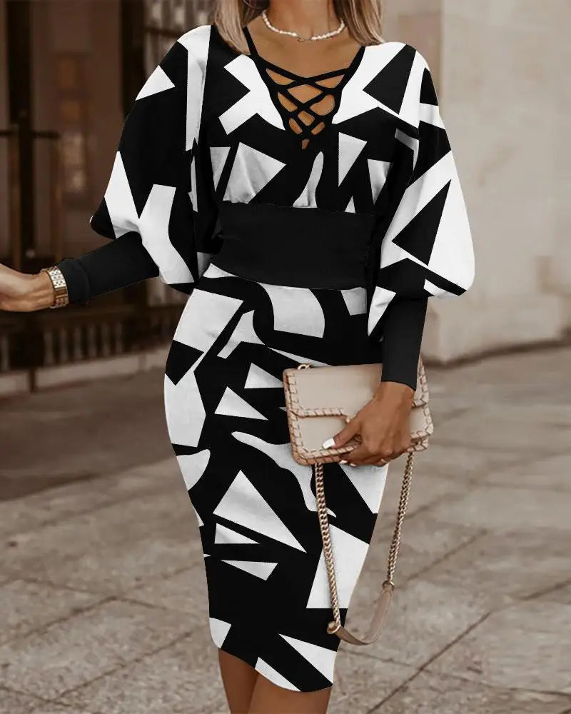 Elegant Women's Maze Printed Long Sleeved Slim Fit Dress 2024 Fashionable Woman Hollowed Out V-neck Cinched Party Club Vestiods