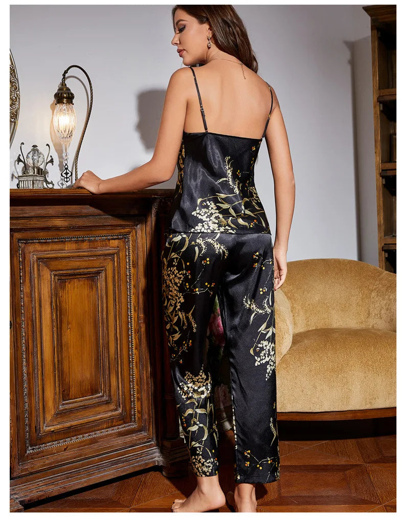 Women 4PCS Pajamas Kimono Bathrobe Nightgown Print Cherry Flower Trouser Suit Sleepwear Loose Satin Home Wear Pyjama Pour Femme