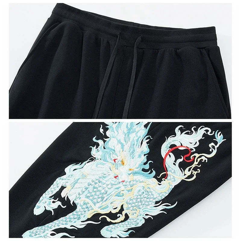 Lyprerazy Men's Casual Pants Embroidered Cotton Sweatpants National Tide Loose Straight Elastic Waist Pants