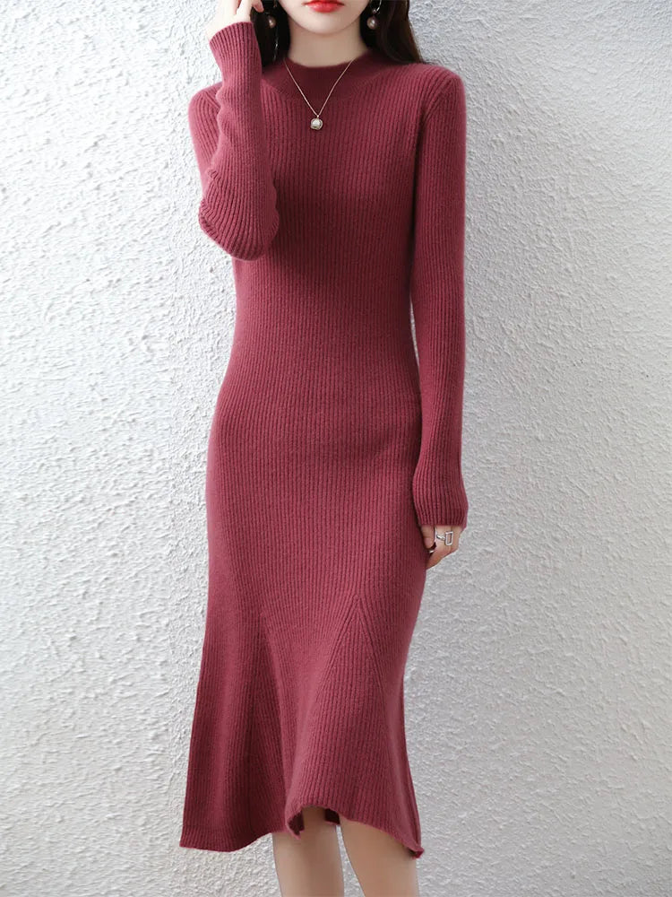 Cashmere Sweater Women's Knitted Dresses 100% Merino Wool O-Neck Elegant Party Dress Autumn Winter Female Pullover Casual Skirts