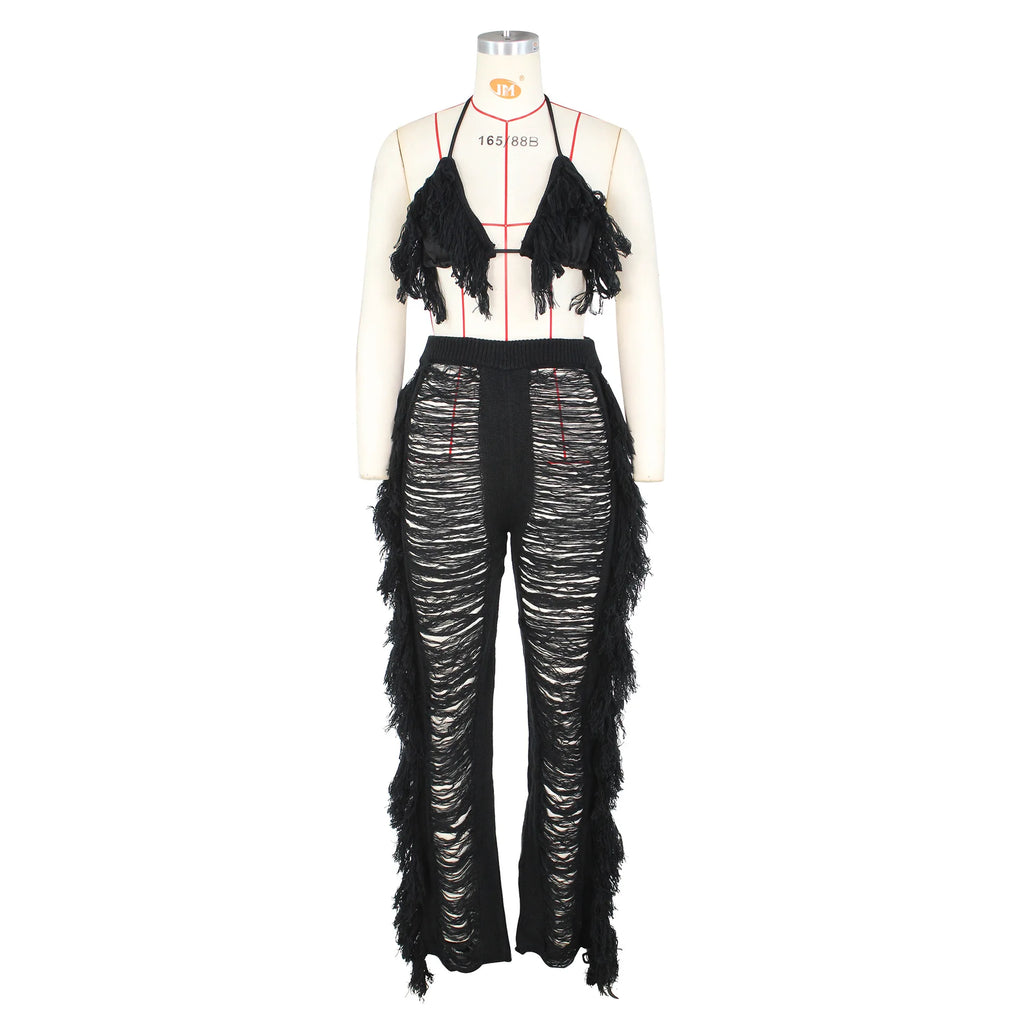 Sexy Women 2025 Knitted Set Two Piece Set Halter Backless Bra Crop Top Pants Crocheted 2 Pieces Set Hollow Out Crochet Beach Set