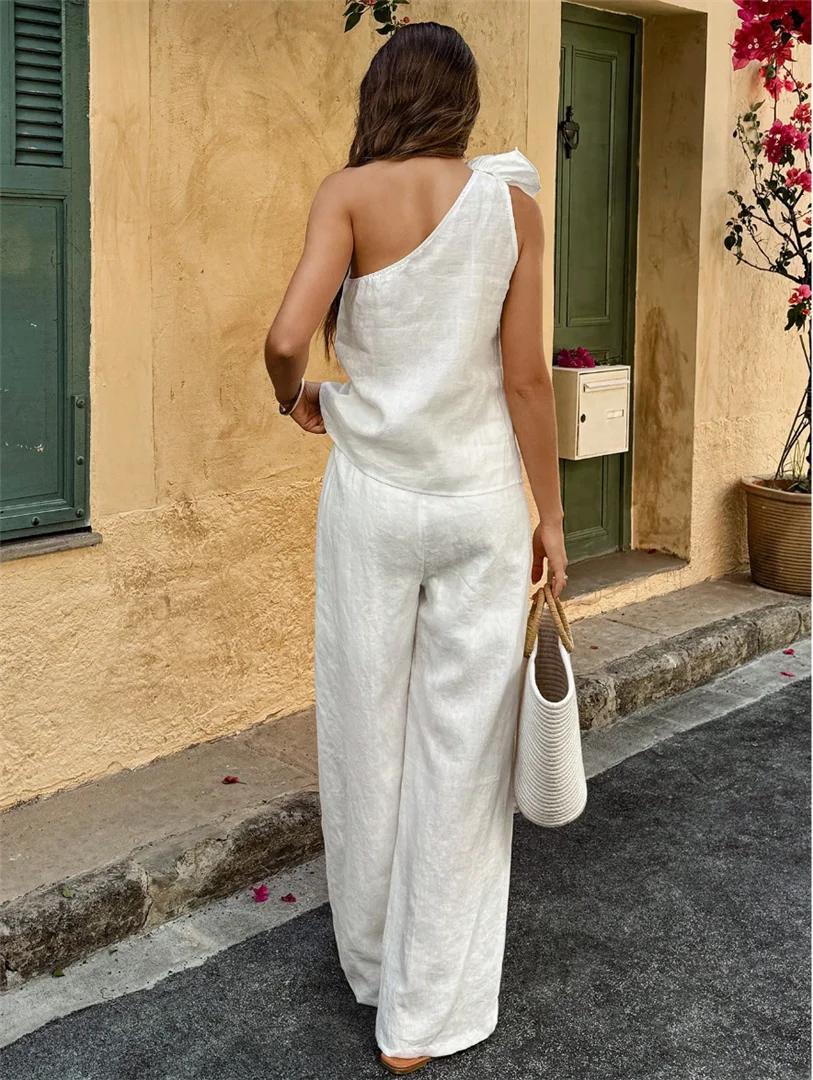 One‑Shoulder Sleeveless Tank Top Wide‑Leg Pants Two‑Piece Set, Lightweight Breathable Crinkle Fabric Casual Loose Fit Summer Out