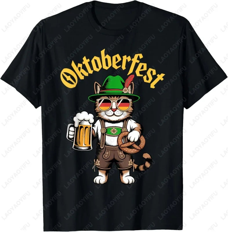 Funny Oktoberfest Cute Cat Pretzel Beer Funny Party Adults T-Shirt Fashion Y2k Streetwear Men Woman High Quality Cotton Tees