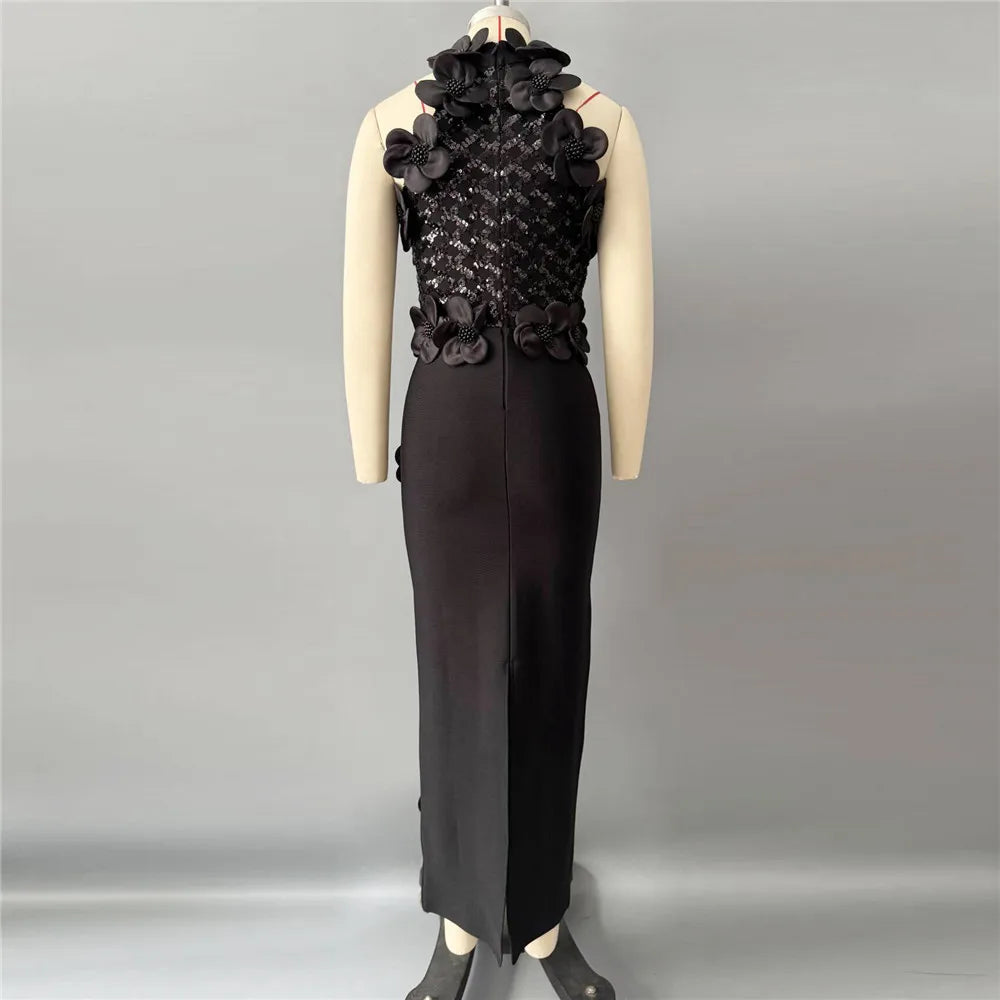 Women Fashion Flower Beading Sequins Patchwork Bandage Dress Celebrity Party Sleeveless Elegant Dresses