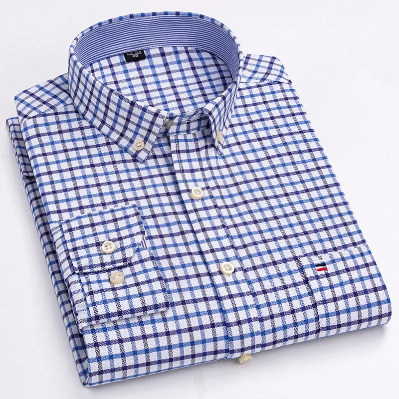 Men's 100% Cotton Smart Casual Shirt Long Sleeve Plaid Oxford Casual Solid Color Print Regular Fit Dress Shirt Oversized  6XL