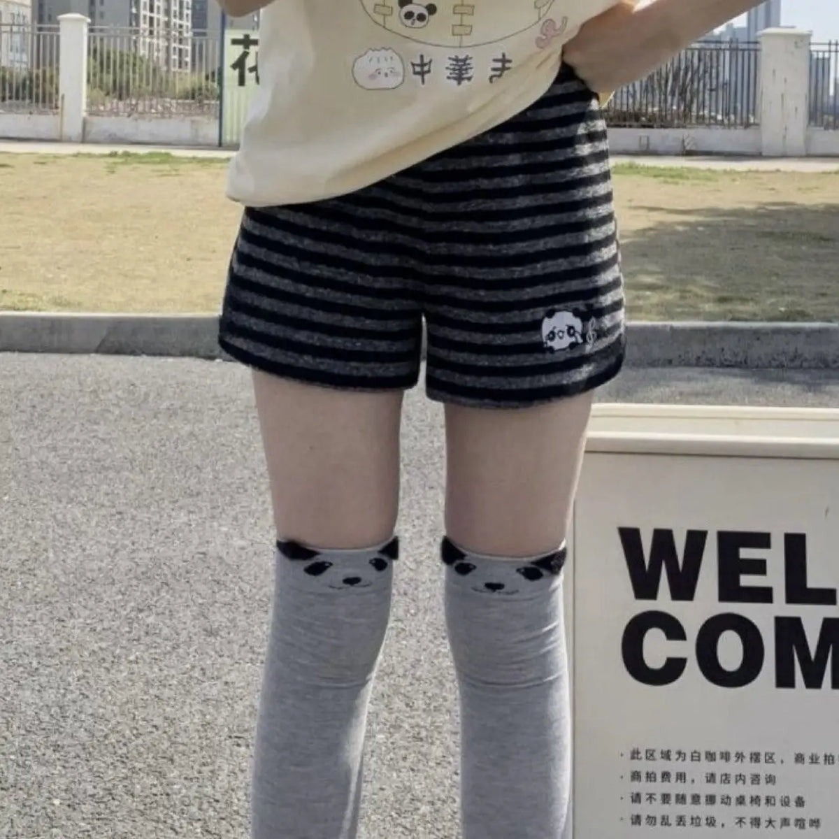 Japanese Shorts for Women Panda Embroidery Casual Pants Casual Fashion Striped Cute Summer Shorts Pantalones Cortos De Mujer