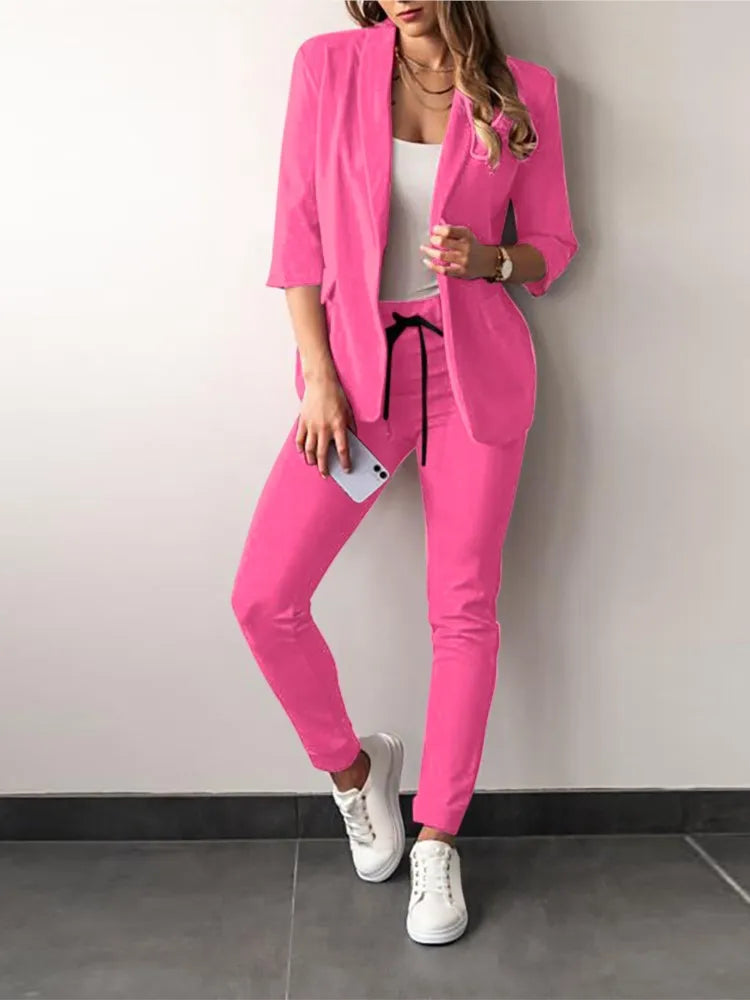 2026 Women Two Piece Pant Suit Set Outfits Spring Autumn Turn Down Print Blazer Coat Drawstring Pants Suit Women Casual Sets