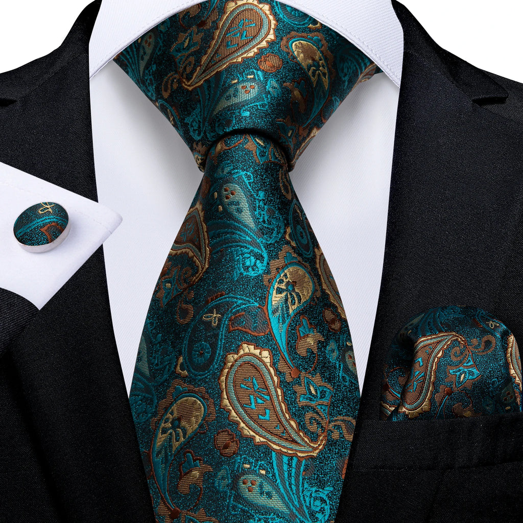 8cm Men's Polyester Ties Pocket Square Cufflinks Green Gold Paisley Wedding Party Accessories Necktie Gift