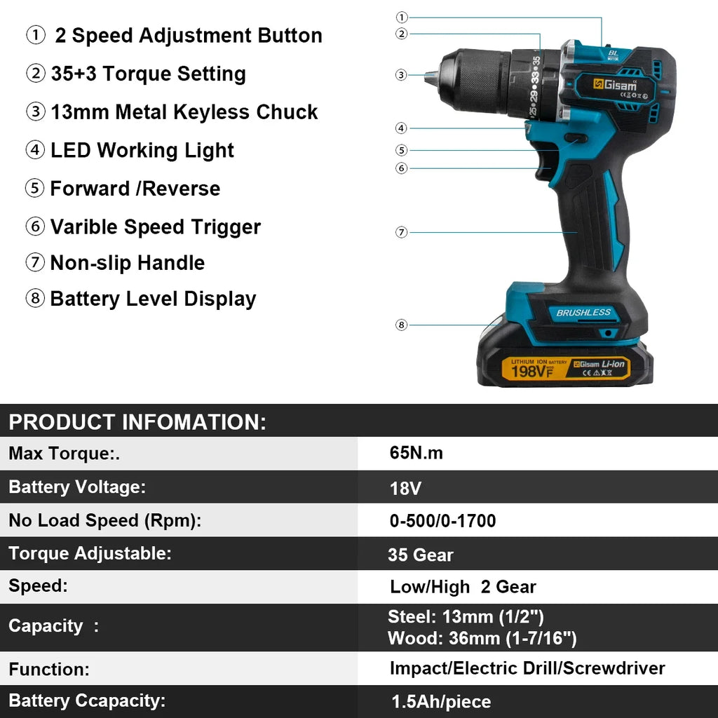 Gisam 13mm 35+3 Torque Brushless Electric Impact Drill Cordless Drill Electric Screwdriver Power Tool For Makita 18V Battery Pin