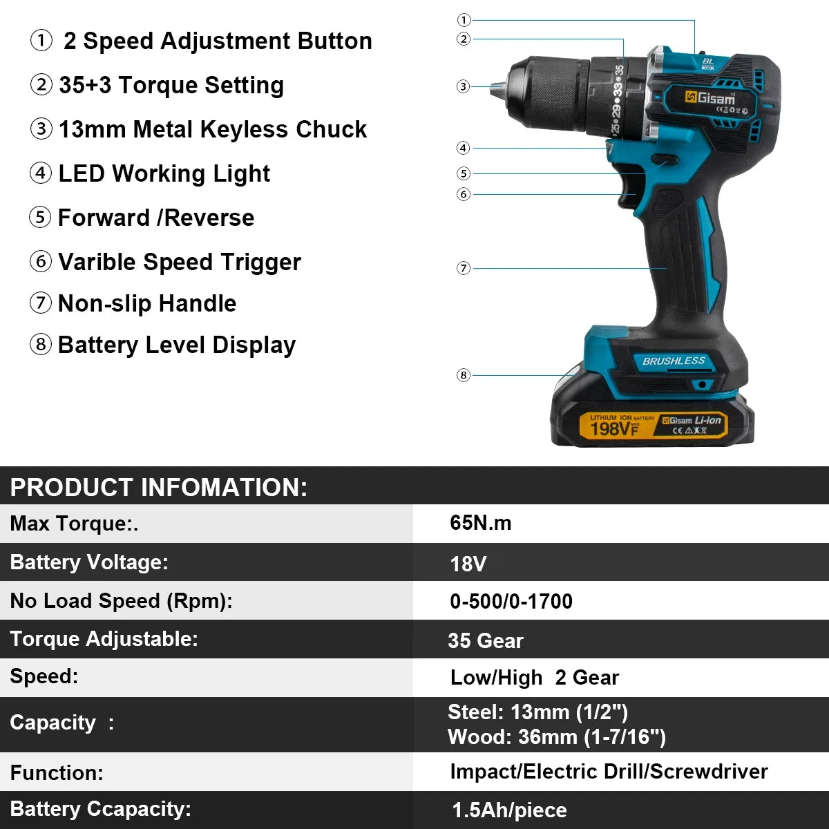 Gisam 13mm 35+3 Torque Brushless Electric Impact Drill Cordless Drill Electric Screwdriver Power Tool For Makita 18V Battery Pin