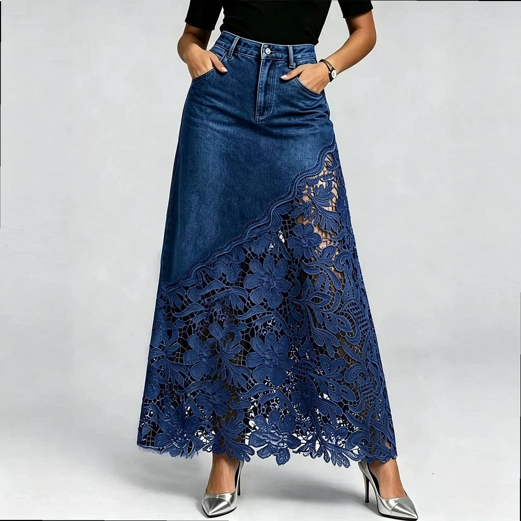 Washed Denim Lace Trim Pencil Skirt Long Bodycon Skirts Spring Summer