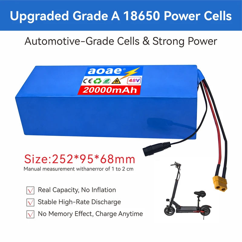 48V Scooter Battery 20Ah 13S5P A-Grade Cells 1000W-2000W Built-in BMS XT60 DC JST High Power Long Lasting for Electric Scooter