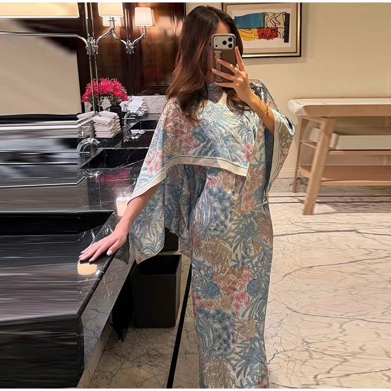 Women Floral Dress With Attached Shawl Cape Overlay Waisted Bodycon Maxi Dresses Fashion Elegant Commute 2026 Summer Autumn Gown