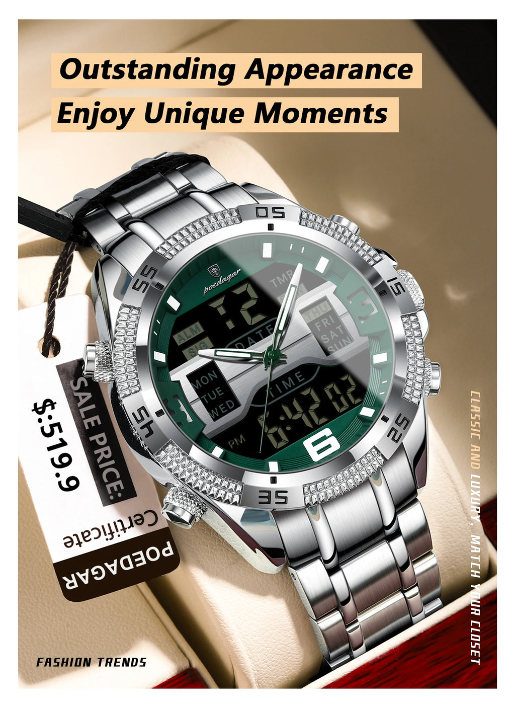 POEDAGAR LED Luxury Men Watch Sports Dual Time Display Digital Luminous Week Date Man Wristwatch Electronic Quartz Men's Watches
