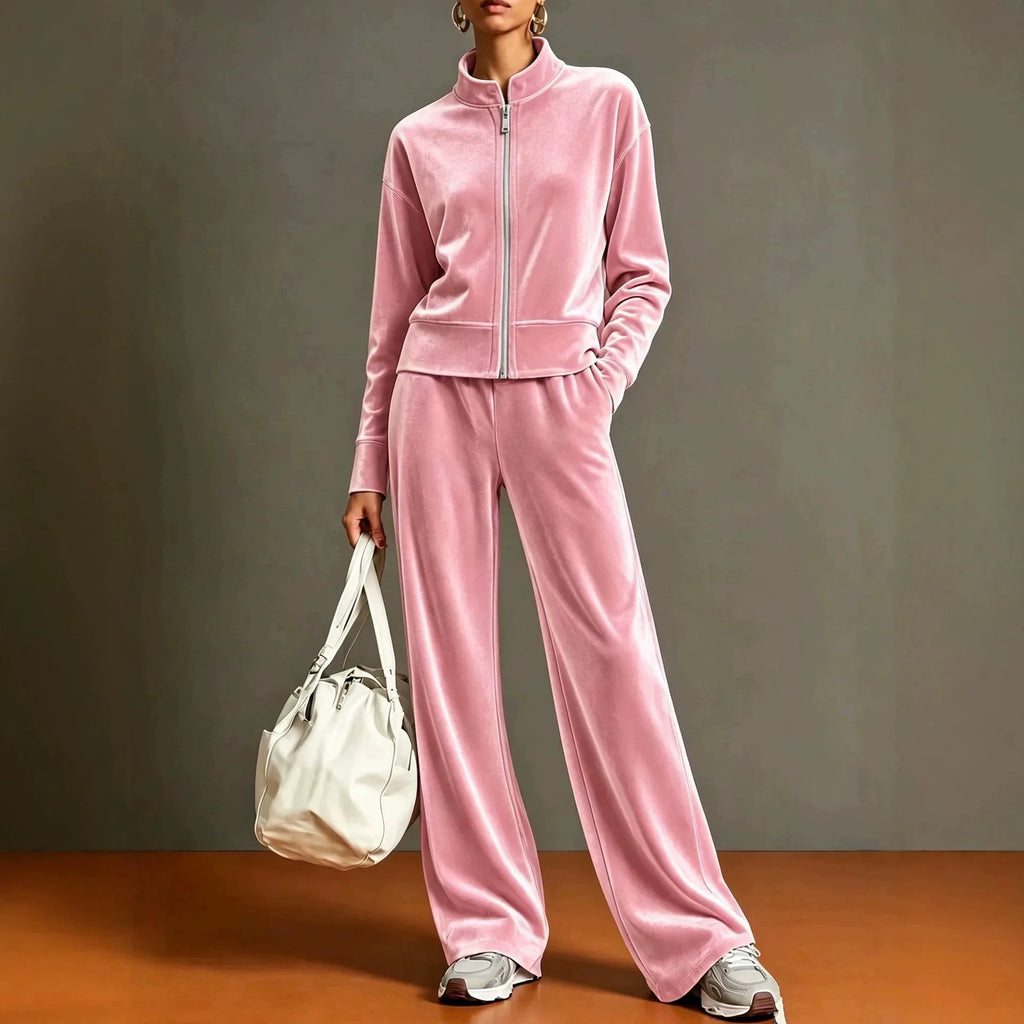 Women Solid Color Velvet 2 Piece Set Stand Collar Full Zip Jacket Wide Leg Pant Casual Sport Matching Outfit Autumn Winter Set