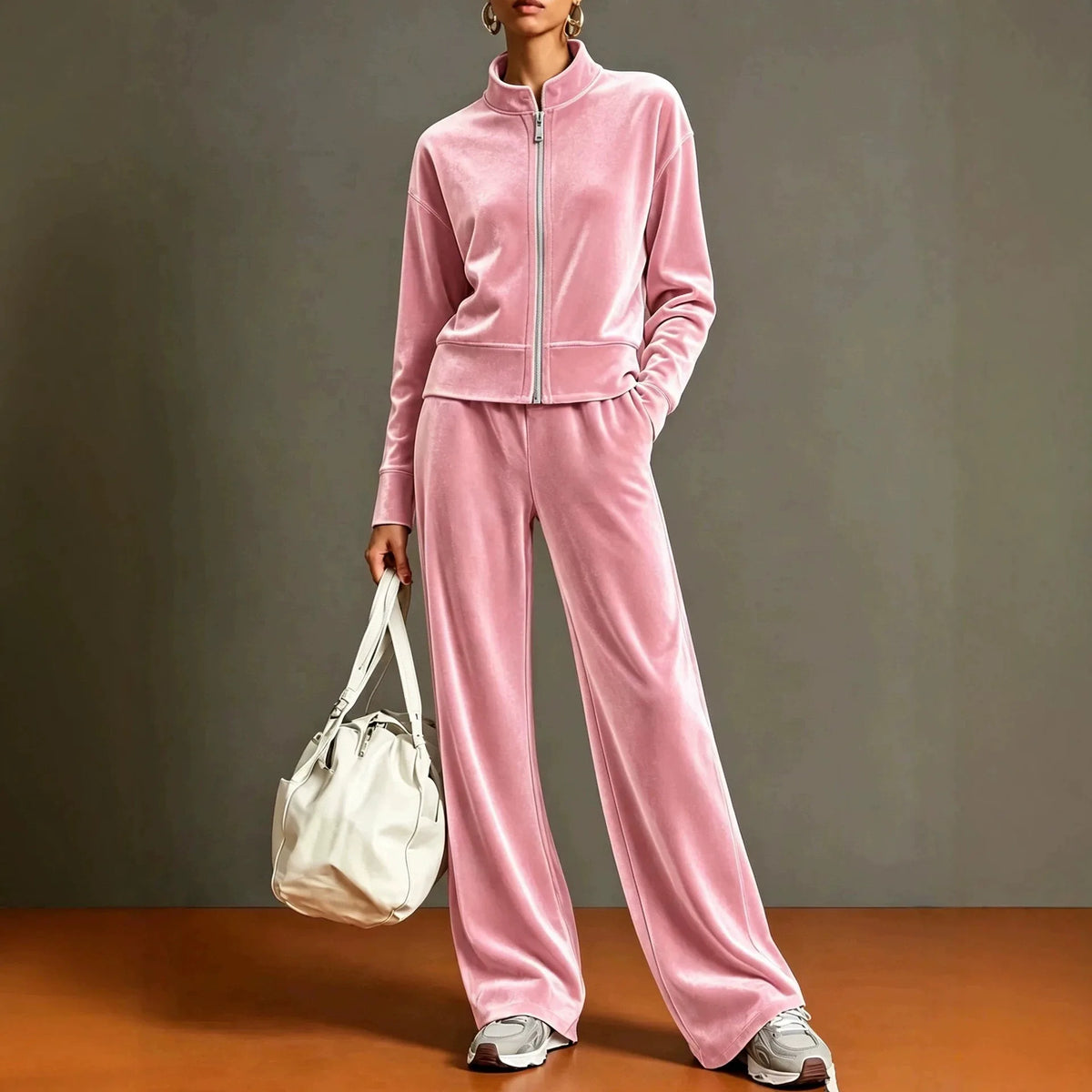 Women Solid Color Velvet 2 Piece Set Stand Collar Full Zip Jacket Wide Leg Pant Casual Sport Matching Outfit Autumn Winter Set