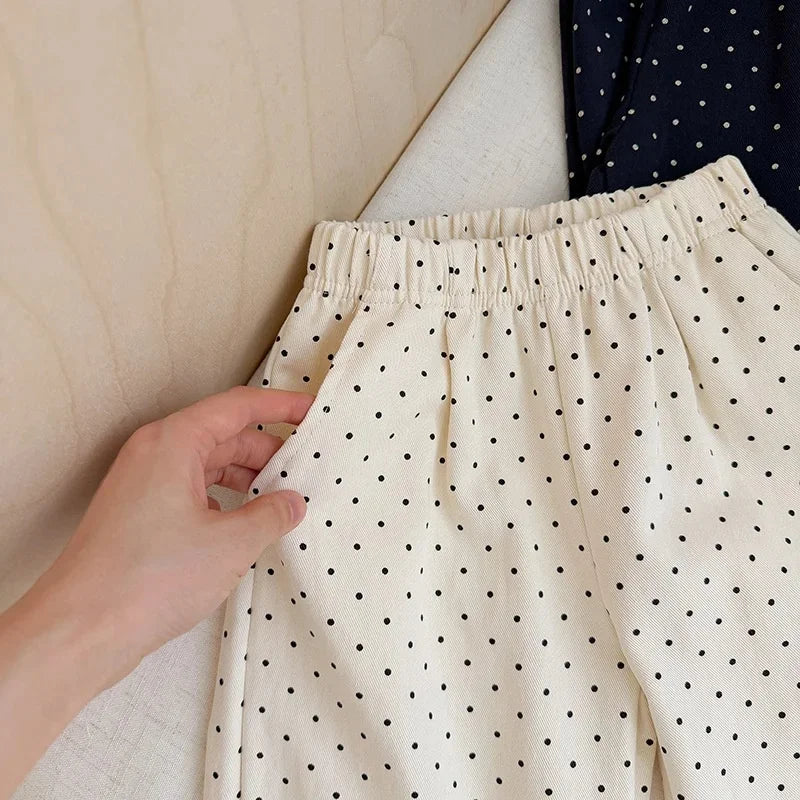 Korean Style Baby Girls Polka Dot Wide Leg Pants Lace Hem Loose Trousers Toddler Kids Elastic Waist Casual Fashion Pants