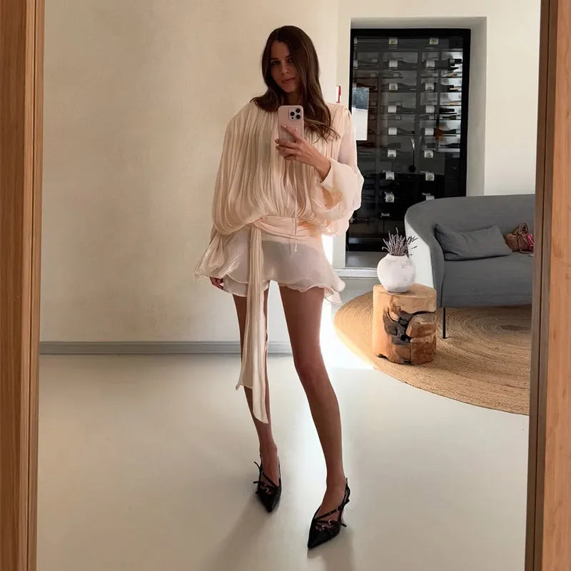 Elegant Shiny Pleated Mini Dress Women Lantern Sleeve Lace Up V Neck Vestidos 2026 Lady Spring New Evening Party Vacation Robes