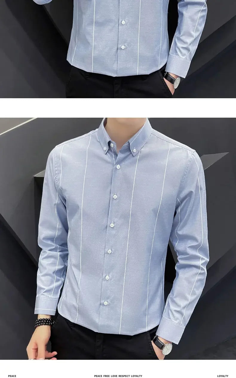 Stylish Men's Striped Shirt Printed Casual Business Dress Shirts Long Sleeve All-Match Slim Fit Fashion Korean Streetwear Shirts