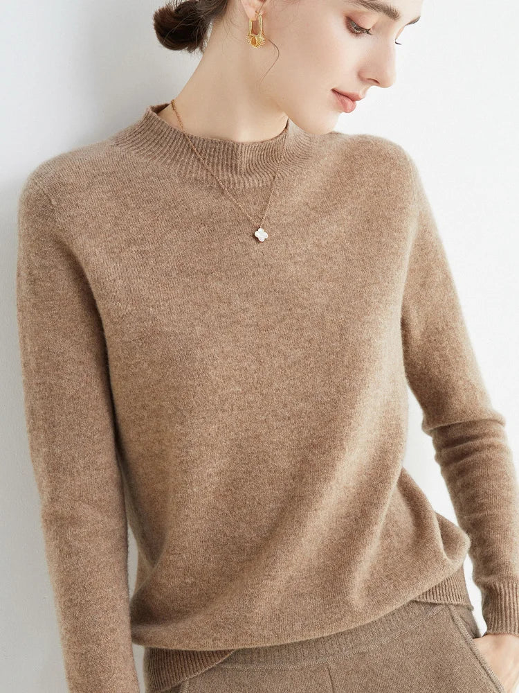 First-Line Seamless Women's Half-Turtleneck 100% Pure Wool Sweater Solid Color Long Sleeve Pullover Knitted Bottoming Sweater