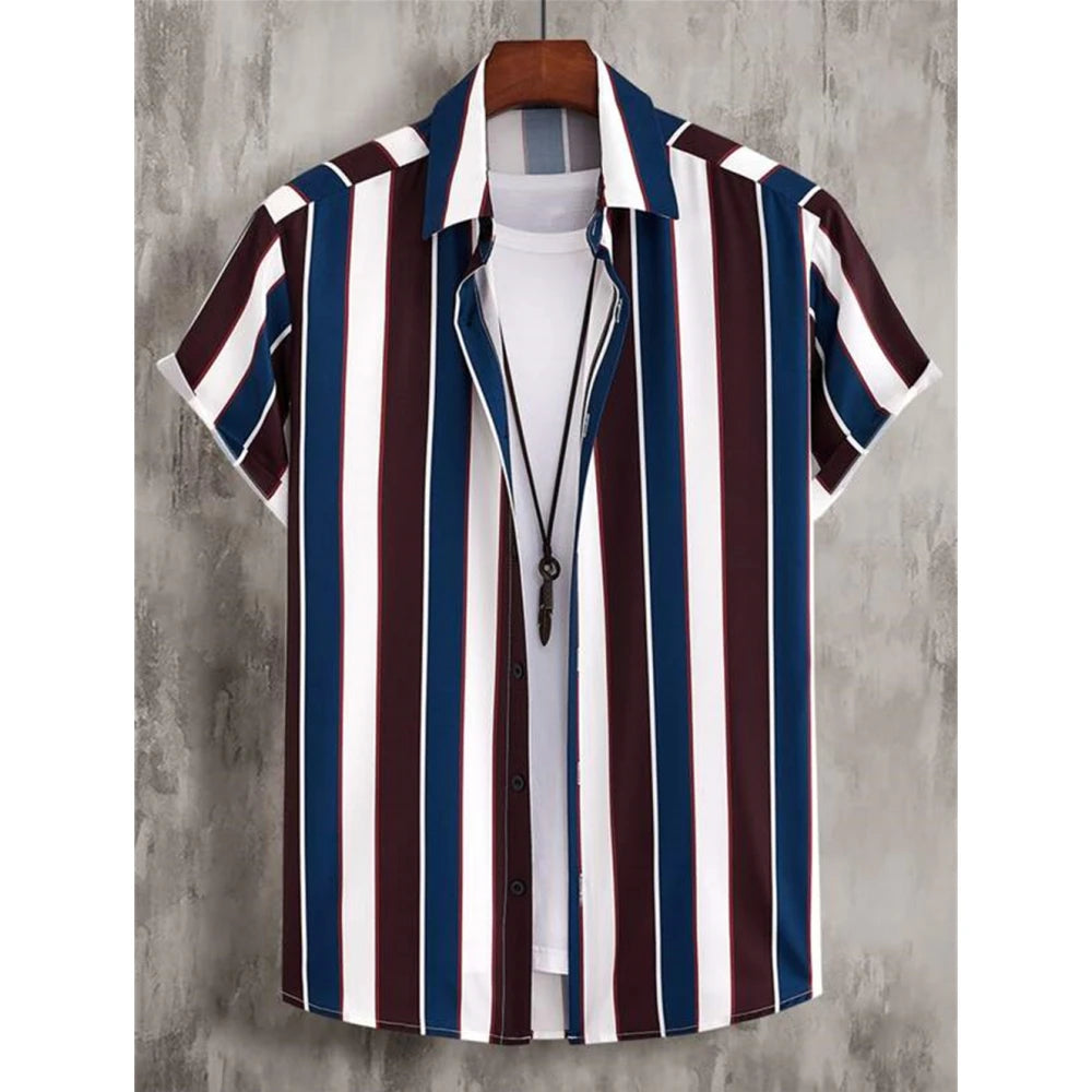 Summer Fashion Striped 3D Print Men's Shirts Basic Graphicsbutton Short Sleeve Lapel Streetwear Hawaiian Blouse Shirts for Men