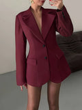 Women Burgundy Waist Cinching Blazer Coat Fashion Full Sleeve Lapel V-neck Button Slim Jacket 2026 Lady Spring Autumn Outwear
